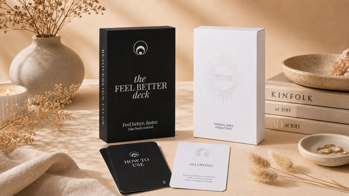The feel better deck and the emotions I love to feel deck, surrounded by earthy, grounding tones 