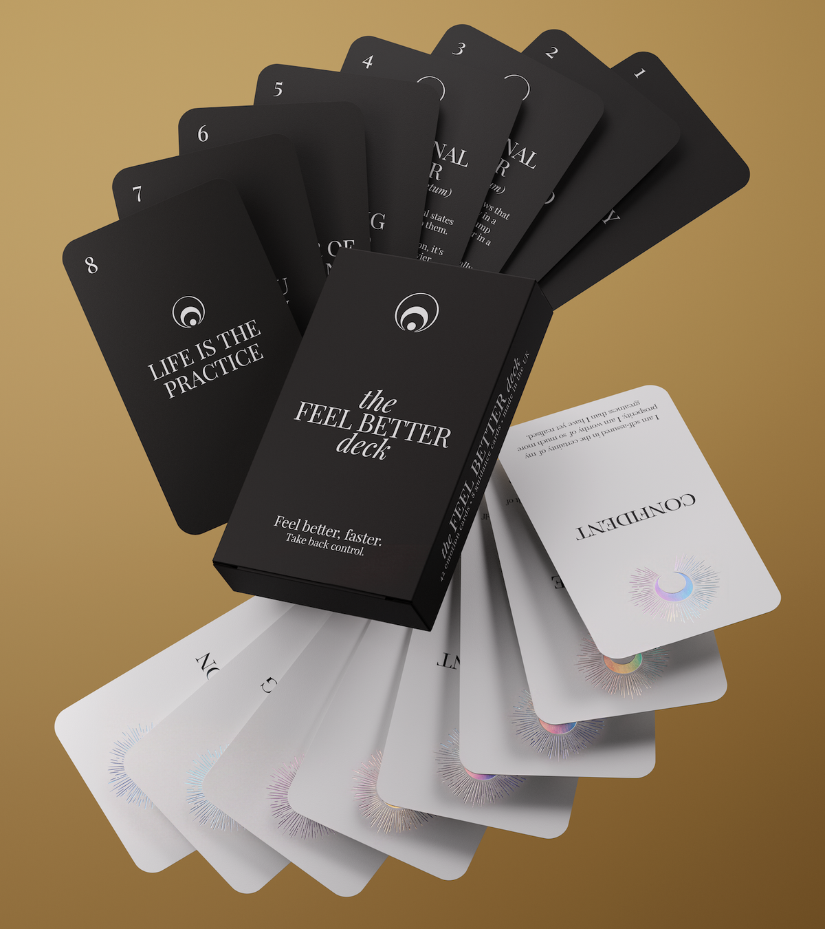 Deck of cards titled 'The Feel Better Deck' on a golden background