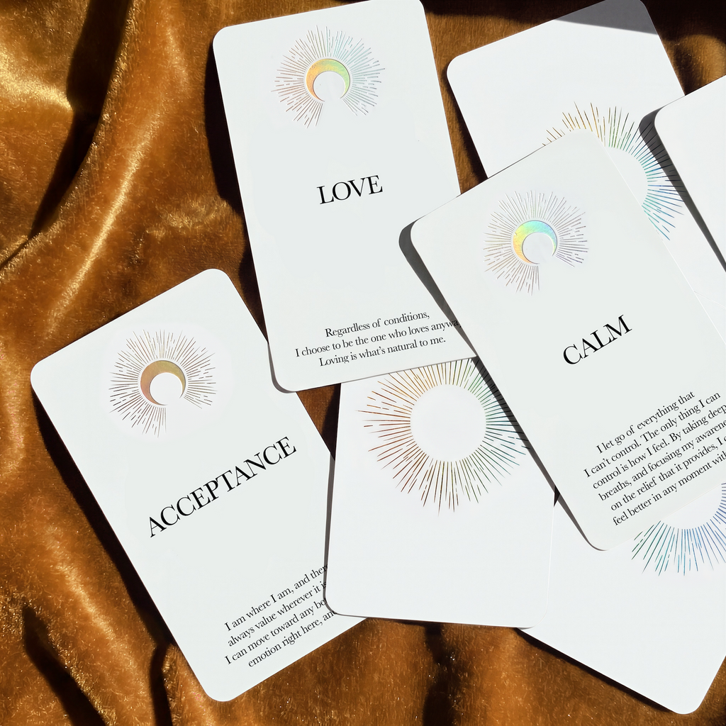 Set of cards with motivational phrases on a brown fabric background
