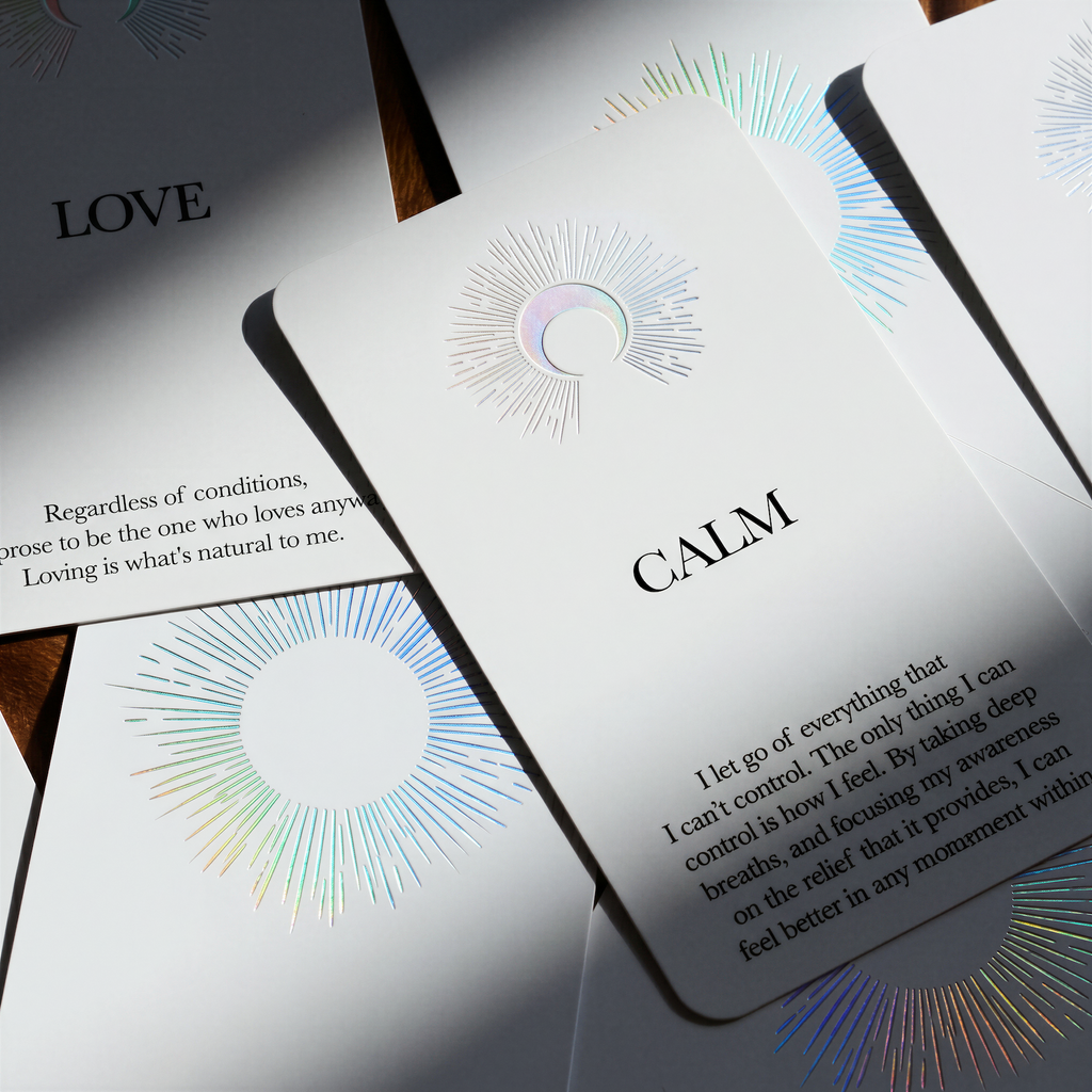 Close-up of tarot cards with 'LOVE' and 'CALM' keywords on a white background