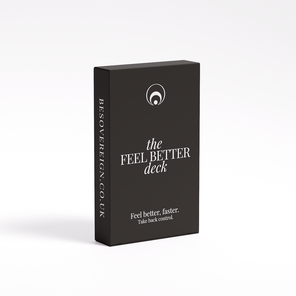 Black card deck packaging with 'the Feel Better deck' text on a white background