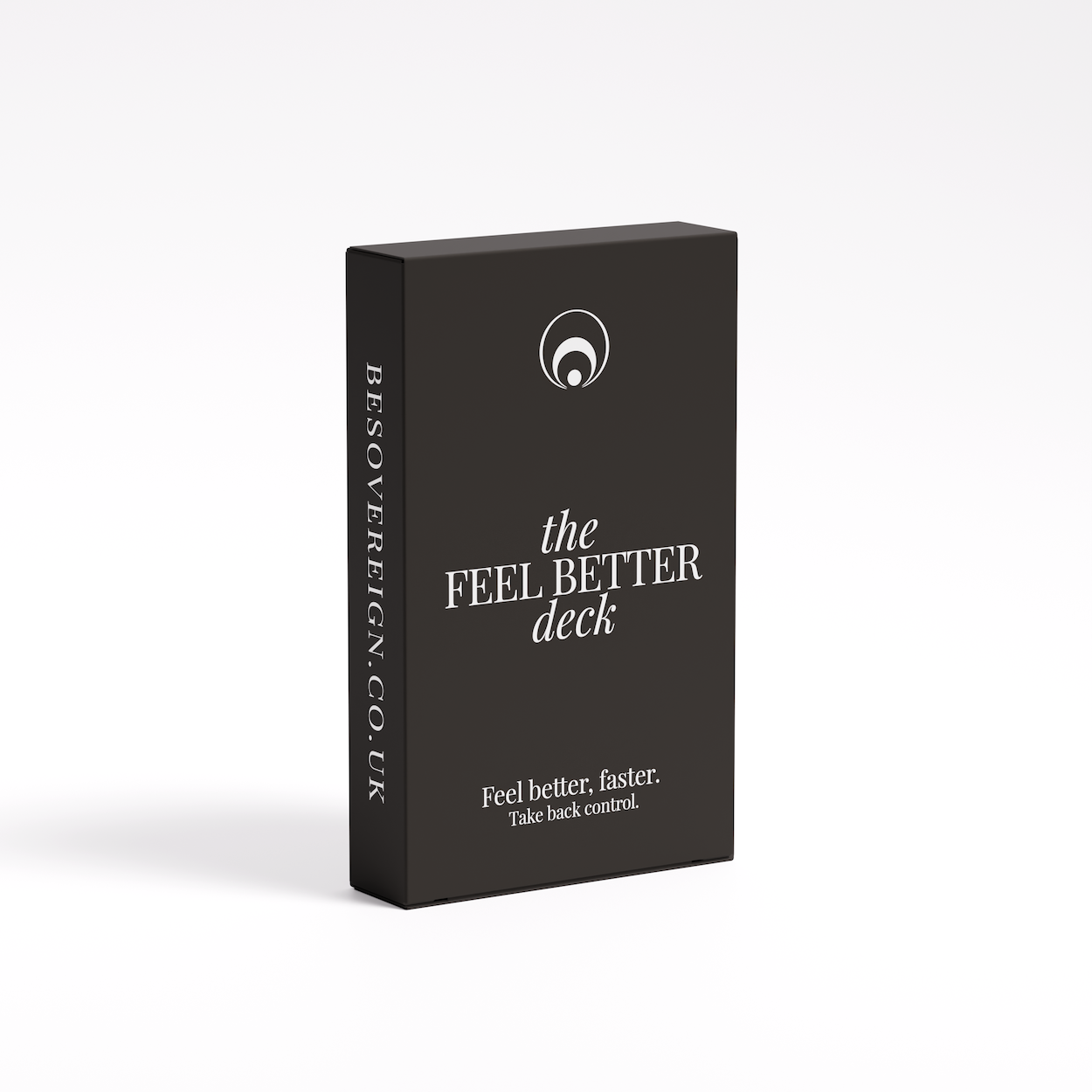 Black card deck packaging with 'the Feel Better deck' text on a white background