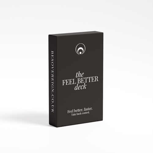 Black card deck packaging with 'the Feel Better deck' text on a white background