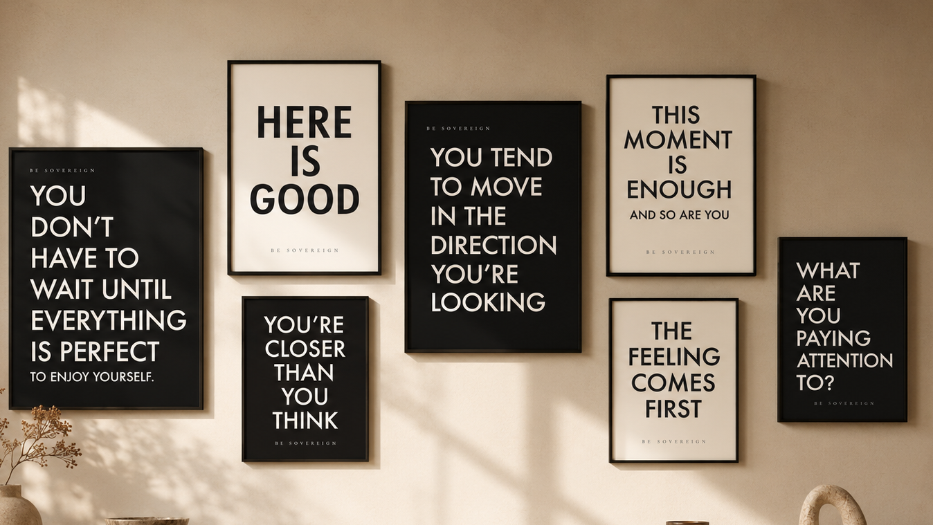 Wall with motivational posters and decorative items on a shelf.